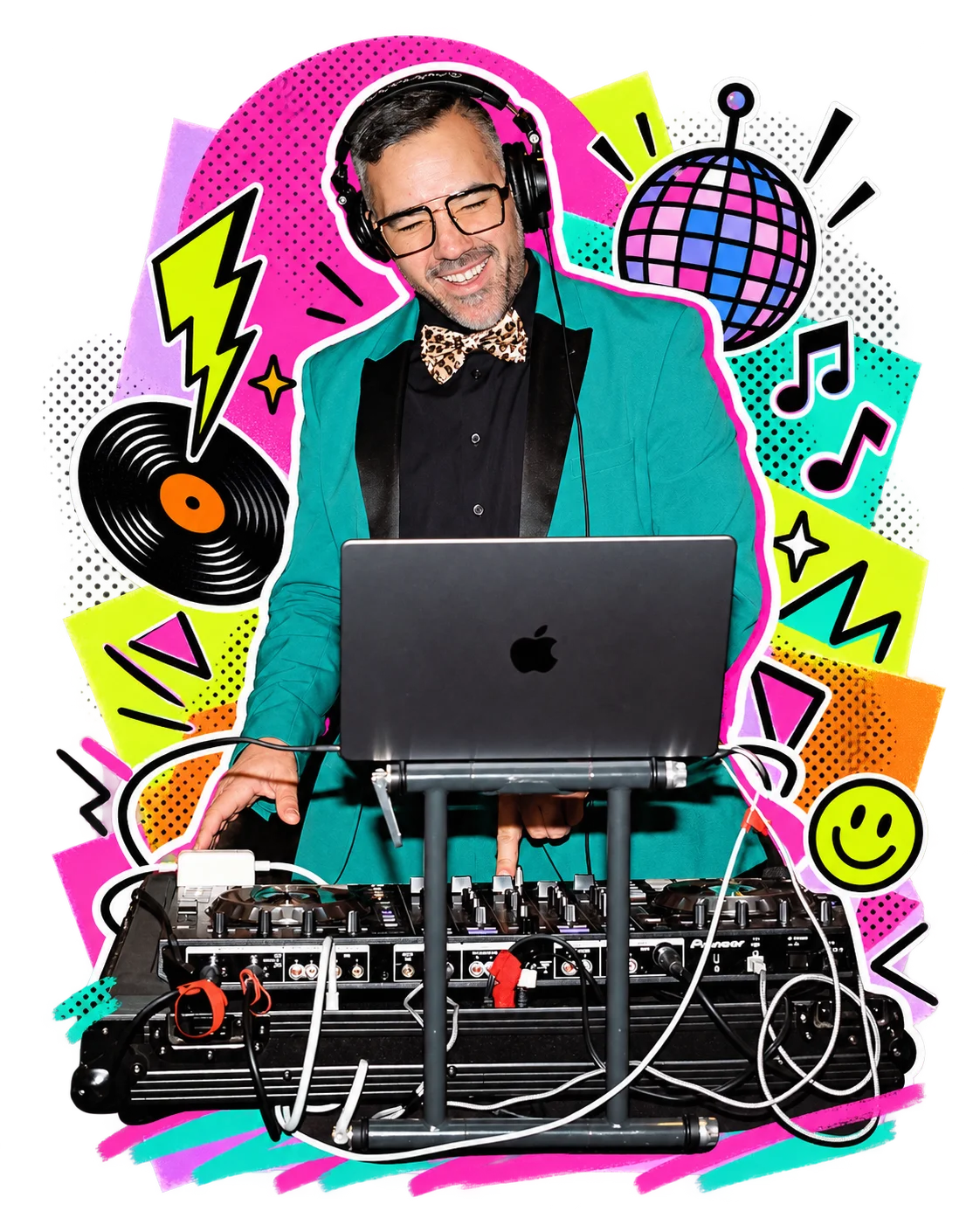 Pedro Gonzalez smiling behind his DJ booth in a green tuxedo