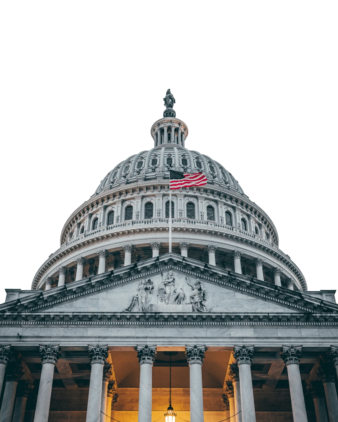 The Capitol dome and American flag rising above the navy card.