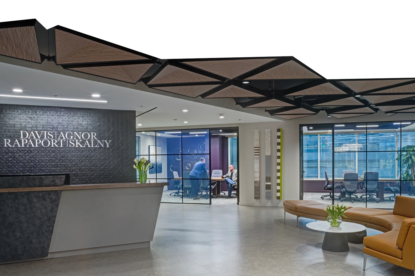 The DARS lobby, with its geometric wood ceiling extending beyond the photograph’s frame.