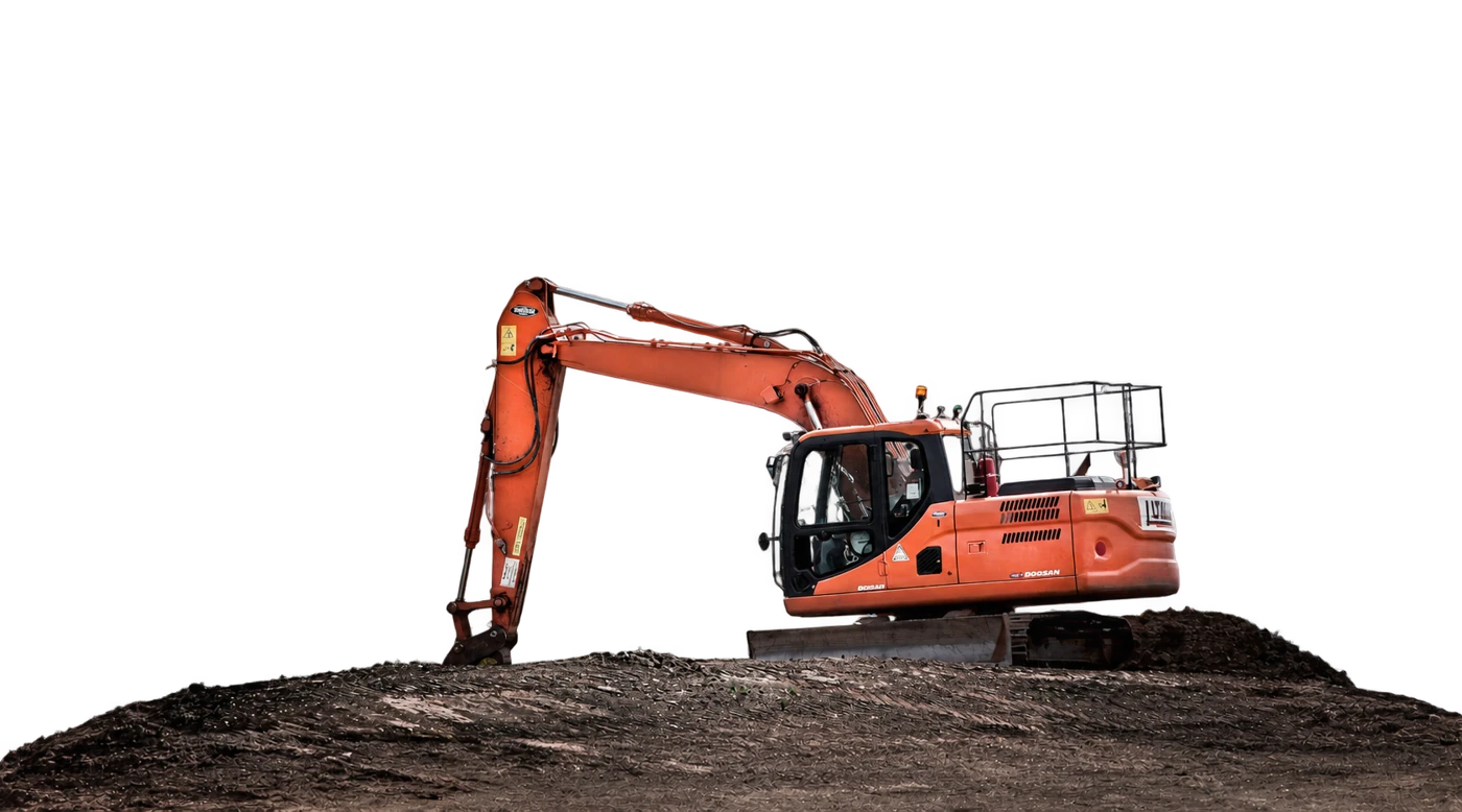 An orange excavator on a dirt mound, breaking past the edge of the card.